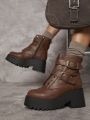 Faux Leather Buckled Lug Sole Combat Boots