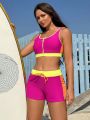 SHEIN Swim SPRTY Colorblock Trim Zip-Front Vest Bikini Set