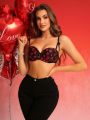 SHEIN Women's Red Lips Black Lace Thin Strap Bra