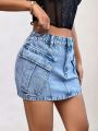 SHEIN ICON Mini Denim Skirt With Slanted Pockets