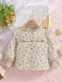 Young Girl Ditsy Floral Print Ruffle Trim Flare Sleeve Blouse