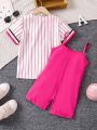 SHEIN Kids HYPEME Little Girls' Letter Printed Stripe Shirt And Overall Shorts Set