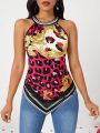 SHEIN Lady Women'S Leopard Print Patchwork Asymmetrical Hem Halter Top