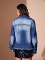 SHEIN BAE Turndown Collar Denim Jacket With Frayed & Decorative Edges After Wash