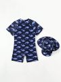 Boys' Whale Cartoon Print One-Piece Swimsuit And Hat