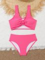 Tween Girls' Solid Color Ruffled Textured Swimsuit Set