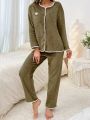 Ladies' Simple Style Heart Shaped Pattern Green Pajama Set With White Trim Shirt And Long Pants