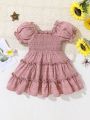 SHEIN Baby Girls' Ruffle Edge Frock With Puff Sleeves And Decorative Border