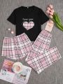 Slogan & Heart Pattern Short Sleeve T-Shirt, Plaid Shorts & Pants Pajama Set