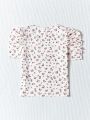 SHEIN Kids FANZEY Big Girls' Floral Print Knitted Comfortable T-shirt With Lace V-neck And Puff Sleeves