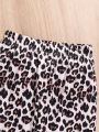 SHEIN Kids HYPEME Girls' (big) Cartoon And Leopard Pattern Long Sleeve T-shirt And Flared Pants 2pcs/set