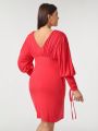 MOCHEI Plus Plunging Neck Drawstring Sleeve Bodycon Dress