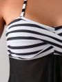 SHEIN Swim Classy Cross Detail Stripe Patterned Sleeveless Top With Slit Hem And Halter Triangle Bikini Swimsuit Set