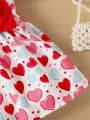 Baby Girl Heart Printed Dress With Bowknot Decoration And Straps