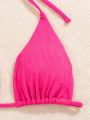 SHEIN Swim Basics Women'S Ribbed Ruched Halter Bikini Top