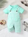 SHEIN 2pcs/Set Baby Boy Cute Plaid Print Sleeveless Outfit For Spring