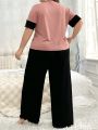 Women'S Plus Size Contrast Color Button Detail Top And Solid Wide-Leg Pants Pajama Set