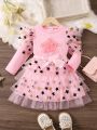 SHEIN Kids QTFun 2pcs/set Girls' Lovely Star Printed Mesh Long Sleeve T-shirt And Skirt Summer Outfits