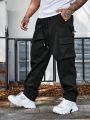 Extended Sizes Men's Solid Color Waist Drawstring Cargo Pants