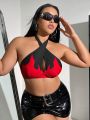 SHEIN Swim BAE Plus Size Flame Print Cross Halter Bikini Top