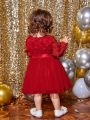 SHEIN Baby Girl 3d Flower & Mesh & Bowknot Decor Long Sleeve Dress