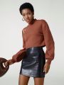 NILLARY Women'S Solid Color Hollow Out Shoulder & Stand Collar Cropped Sweater