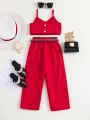 SHEIN Kids QTFun Little Girls' Bow Knot Decorated Vest And Wide Leg Pants Set