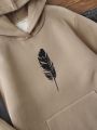 Feather Print Kangaroo Pocket Thermal Lined Hoodie