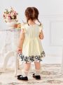 SHEIN Infant Girls' Cute Sleeveless Dress With Pale Yellow Bowknot & Lace Details