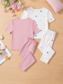 SHEIN Toddler Girls' Knitted Solid Color Tight Fitted Top With Round Neck And Long Pants Set, Home Wear 2pcs/Set