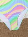 Teen Girls' Stylish Rainbow Striped Front Tie Bikini With Split Design