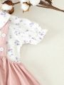 Baby Girl Floral Doll Collar Top And Suspender Skirt Set