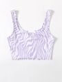 SHEIN Qutie Notched Neck Lettuce Trim Zebra Striped Tank Top