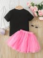 SHEIN Kids FANZEY Toddler Girls' Letter Printed Short Sleeve T-Shirt And Tutu Net Yarn Half Skirt Set