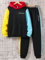 2pcs/set Teen Boys' Casual Streetwear Bright Color Block Outfit