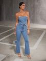 SHEIN BAE Women'S Strapless Waist Belt Denim Jumpsuit