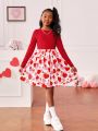 SHEIN Kids Cooltwn Big Girls' Sweet And Cool Love Heart Pattern Knitted Solid Color Patchwork Woven Dress For Daily Wear