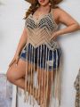 SHEIN Swim BohoFeel Plus Size Crochet Fringe Cami Cover-Up With See-Through Detail