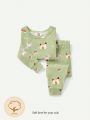 Cozy Cub Baby Girl Snug Fit Pajama Set With Cartoon Pattern, Long Sleeve Round Neck Top And Long Pants