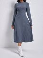 Solid Color Long Sleeve Ribbed Knit Dress