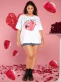 SHEIN CURVE+ Women's Plus Size Round Neck White Printed T-shirt