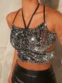Minami Sequin Cut Out Tie Backless Crop Top