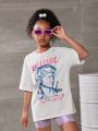 SHEIN Kids Y2Kool Girls Slogan & Figure Graphic Drop Shoulder Tee