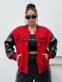 SHEIN Coolane Plus Size Women's Letter Pattern Black & Red Baseball Jacket