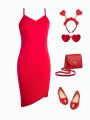 Teenage Girls' Sweet Vintage Spaghetti Strap Bodycon Dress With Irregular Hemline