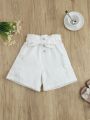 Girls' White Casual Paper Bag Waist Denim Shorts