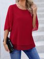 Round Neck Semi-Transparent Fabric Color Block Puff Sleeve Shirt