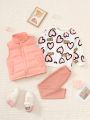 Young Girl Heart Print Sweatshirt & Leggings & Vest Coat