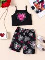 SHEIN Kids HYPEME Toddler Girls' New Love Heart And Spider Web Design Tank Top And Elastic Waist Milk Silk Shorts Set