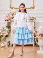 SHEIN Kids FANZEY Tween Girls' Irregular Ruffle Edge Decorated Button Long Sleeve Shirt And Decorated Button Layered Cake Skirt Two Piece Set